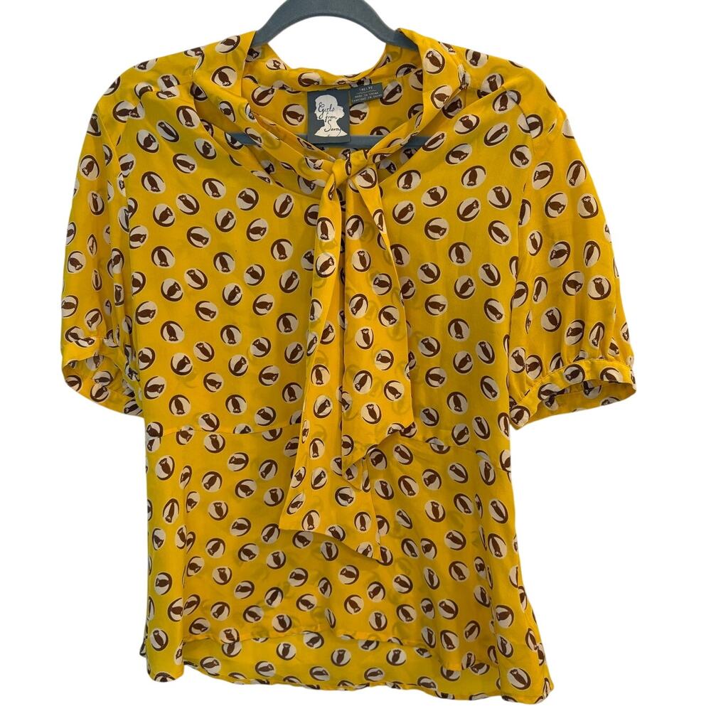 Anthropologie Girls From Savoy Yellow Silk Owl Print Tie Neck Blouse Top Size 12